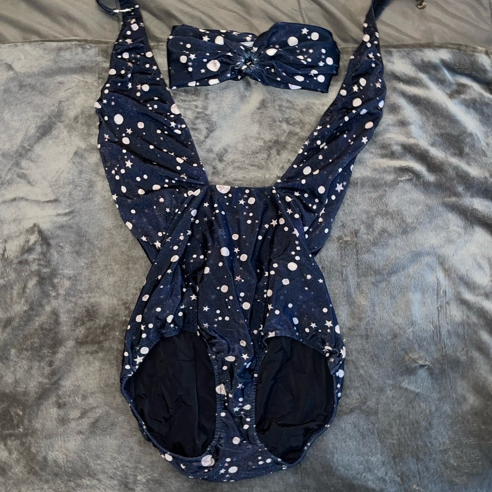 Blue One Piece Swimsuit with Matching Turban
